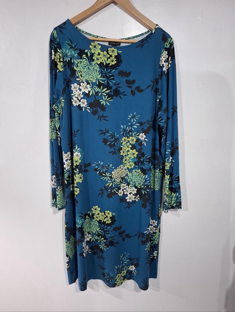J. Jill Wearever Collection Rayon Stretch Knit Shift Dress Teal Floral Sz L Tall